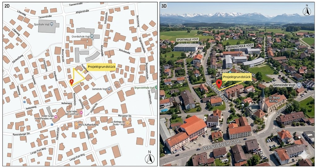 Vogt Karte · 2D & 3D Ansicht mit Projektgrundstück